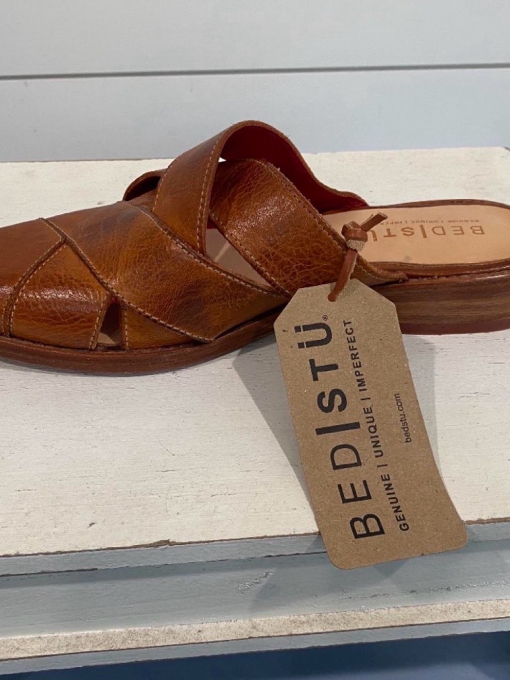 BED|STU Women’s Cognac Brown Woven Leather Slide Sandal